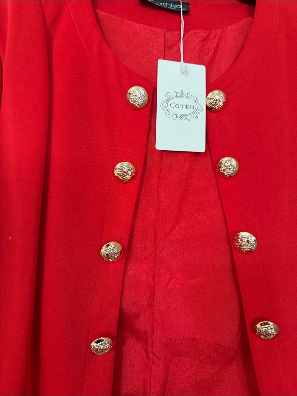 Red Double-Row Button Collarless Blazer - Picture 2 of 4